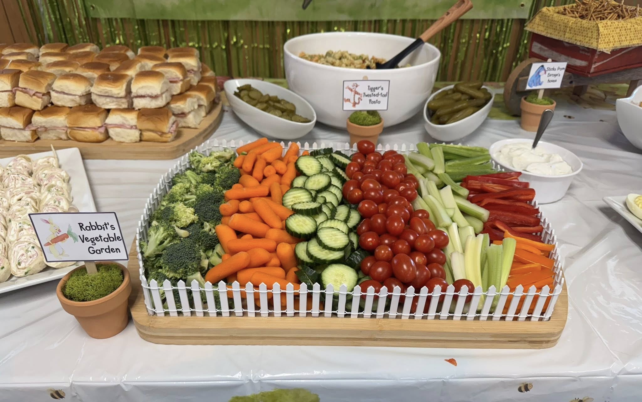 Garden-themed vegetable and dip catering platter